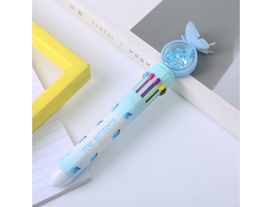 Ручка шариковая многоцветная детская для школы, 10 цветов, голубая
