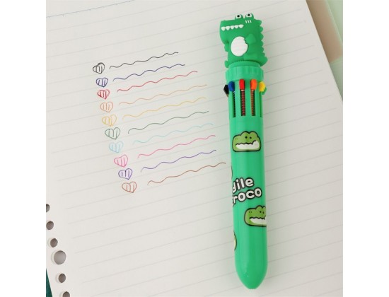 Ручка шариковая многоцветная детская для школы, 10 цветов, зеленая с крокодилом